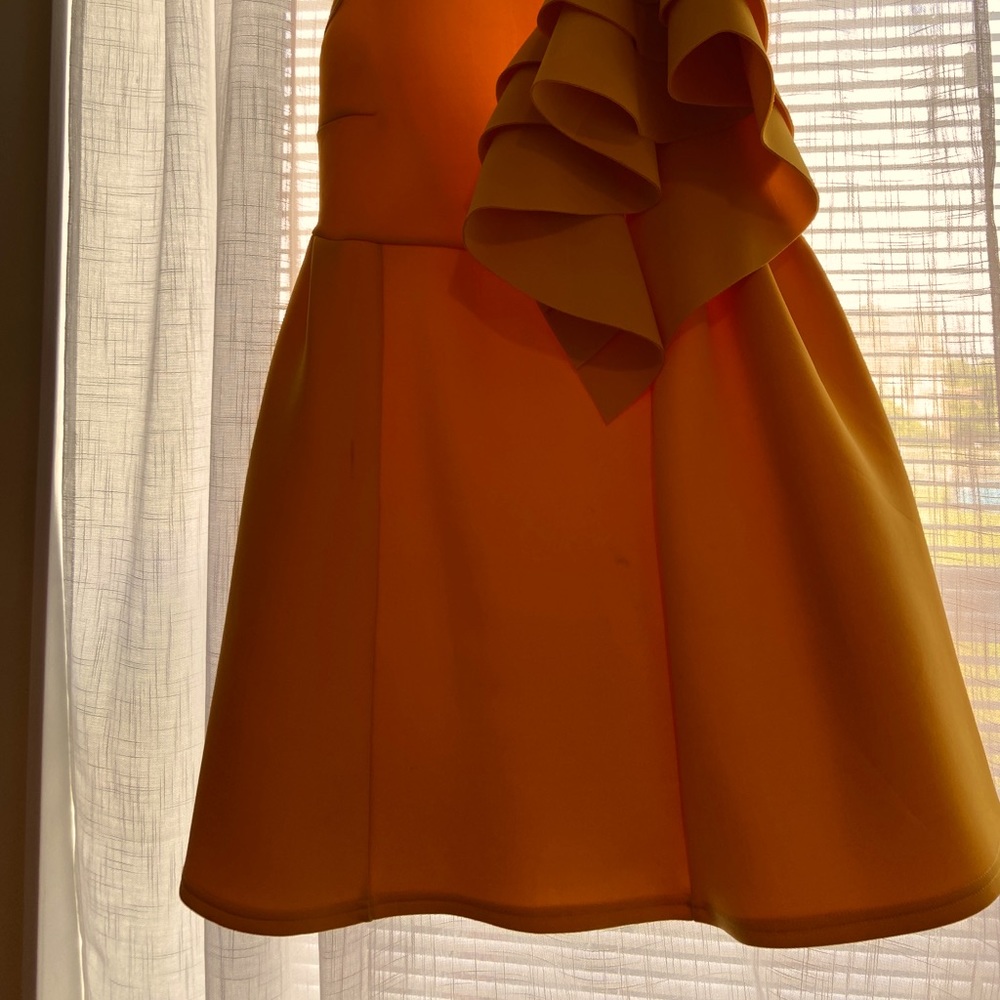 Mustard Scuba BodyCon evening cocktail dress with one shoulder ruffles